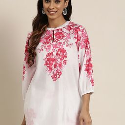 HERE&NOW White Floral Printed Keyhole Neck A-Line Kurti-picture-54