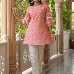 Jaipur Kurti Pink & Grey Floral Printed Pure Cotton Empire Kurtis-picture-18