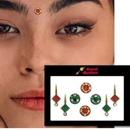 Comet Busters 8 Pcs Embellished Reusable Designer Bindis - Green & Red image 2