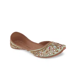 Fulkari Women Olive Green Embellished Leather Ethnic Mojaris Flats-12