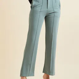 PANIT Women Sea Green Relaxed Straight Leg High-Rise Wrinkle Free Lycra Trousers-image-28
