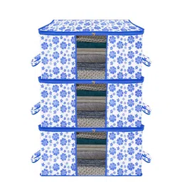 Kuber Industries Blue & White 3 Pieces Printed Large Underbed Storage Bag-32