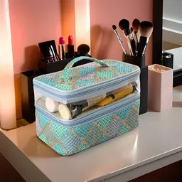 Kuber Industries Green & Brown Self Design Water Resistant Makeup Organiser-52