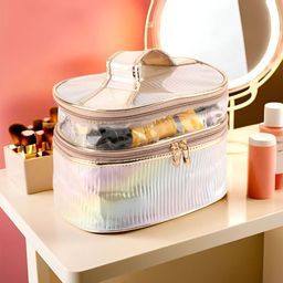 Kuber Industries Gold Toned Self Design Water Resistant Makeup Organiser-22