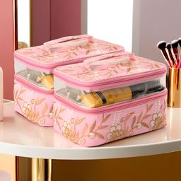 Kuber Industries Pink & Gold Toned 2 Pieces Self Design Water Resistant Makeup Organisers-15