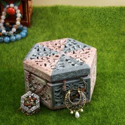 Aura Grey Grey & Pink Self Design Hexagonal Marble Jewellery Mini Storage Box Organiser-image-55