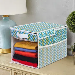 prettykrafts Green & Blue Printed Foldable Shirt Organizer With Removable Drawer-3