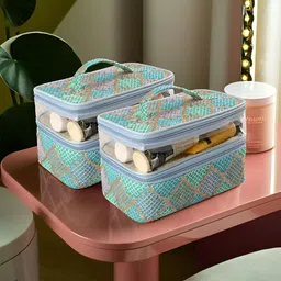 Kuber Industries Green & Brown 2 Pieces Self Design Water Resistant Makeup Organisers-15