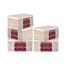 Kuber Industries Gold 5 Pieces Flower Quilted Saree Storage with Visible Window Organiser-51