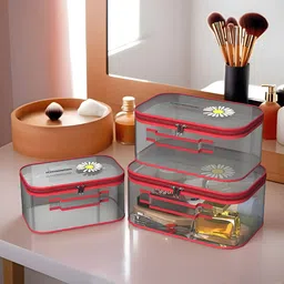 Kuber Industries Red & Transparent 3 Pieces Water Resistant Makeup Organisers-24