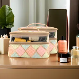 Kuber Industries Cream& Pink 2 Pieces Self Design Water Resistant Makeup Organisers-56