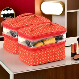 Kuber Industries Red & Gold Toned 2 Pieces Self Design Water Resistant Makeup Organisers-35