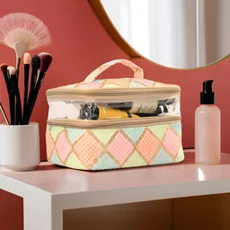 Kuber Industries Cream & Green Self Design Water Resistant Makeup Organiser-19