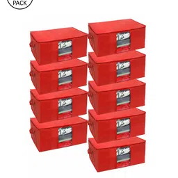 prettykrafts Set Of 9 Red Solid Underbed Large Storage Bags With Transparent Window-49
