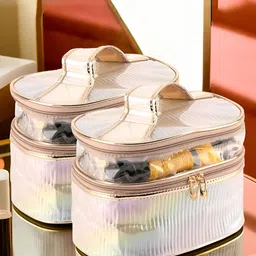 Kuber Industries Gold Toned 2 Pieces Self Design Water Resistant Makeup Organisers-20