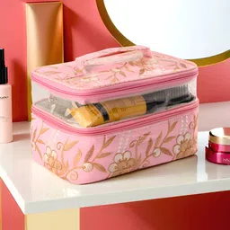 Kuber Industries Pink & Gold Toned Self Design Water Resistant Makeup Organiser-57
