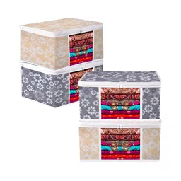 Kuber Industries Grey 4 Pieces Flower Quilted Saree Storage with Visible Window Organiser-14