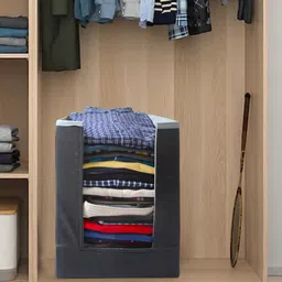prettykrafts Set Of 3 Black & Grey Solid Foldable Shirt Stacker Wardrobe Organizers-2