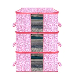 Kuber Industries Pink & White 3 Pieces Printed Large Underbed Storage Bag-52