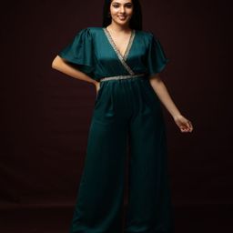 Ranng V-Neck Embellished Detail Satin Silk Basic Jumpsuit-17