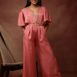 Ranng V-Neck Embellished Detail Satin Silk Basic Jumpsuit-7