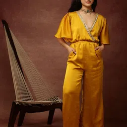 Ranng V-Neck Embellished Detail Satin Silk Basic Jumpsuit-8