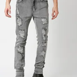 WAIMEA Men Grey Skinny Fit Highly Distressed Heavy Fade Stretchable Denim Jeans-picture-49