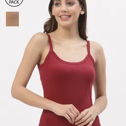 Floret Women Pack Of 2 Maroon & Nude-Coloured Solid Camisoles-image-2