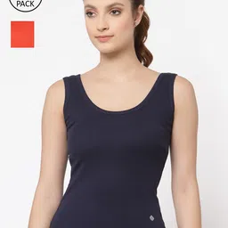Floret Women Pack Of 2 Navy Blue & Orange Solid Cotton Camisoles-image-85