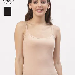 Floret Women Pack Of 2 Black and Beige Solid Cotton Camisoles-image-20