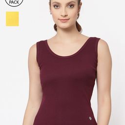 Floret Women Pack of 2 Burgundy & Yellow Solid Cotton Camisoles-image-68
