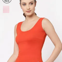 Floret Women Pack Of 2 Orange & Pink Solid Cotton Camisoles-image-86