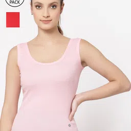 Floret Women Pack Of 2 Pink & Red Solid Cotton Camisoles-4