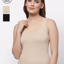 Floret Women Pack of 3 Black & Beige Solid Camisoles-image-53