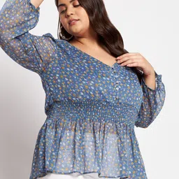 wild U Women Plus Size Blue & Mustard Yellow Floral Print Chiffon Cinched Waist Top-image-61