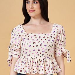 People Off White Floral Printed Square Neck Puff Sleeves Gathered Detailed Peplum Crop Top-image-24