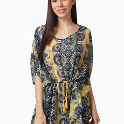 IX IMPRESSION Women Yellow & Blue Geometric Printed Georgette Kaftan Top-image-83