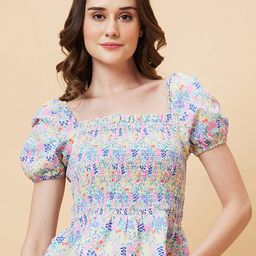 Globus Floral Printed Puff Sleeve Smocking Peplum Top-image-91
