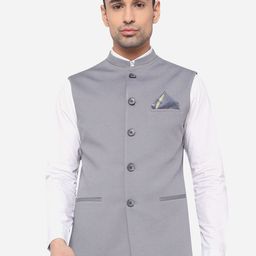Greenfibre Men Grey Solid Terry Wool Regular Fit Nehru Jacket-picture-39