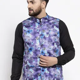 Jompers Men Purple & Blue Floral Printed Nehru Jacket-image-96