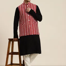 SOJANYA Men Red & White Woven Design Nehru Jacket image 2