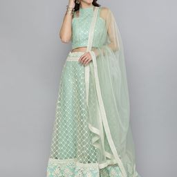 Kvsfab Turquoise Blue & Cream-Coloured Embroidered Sequinned Semi-Stitched Lehenga & Unstitched Blouse With-13