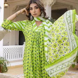 Anouk Green Geometric Printed Pure Cotton Anarkali Kurta With Trouser & Dupatta-picture-52