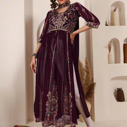 Sangria Ethnic Motifs Embroidered Georgette A-Line Kurta With Dupatta-image-30