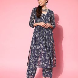 Varanga Women Floral Printed Empire Silk Georgette Kurta with Trousers-17