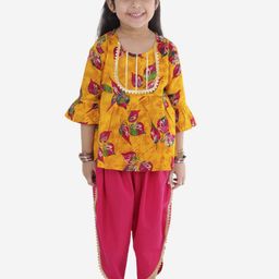 Superminis Girls Yellow Floral Printed Pure Cotton Kurti with Salwar-image-45