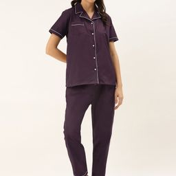 Rapra The Label Women Aubergine Solid Pure Cotton Night Suit With Eye Mask-image-76
