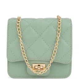 Globus Women Sea Green Quilted Twistlock Party Sling Bag With Detachable Chain Strap-51