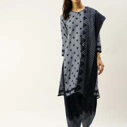 Rajnandini Grey & Navy Blue Cotton Blend Printed Unstitched Dress Material-image-22