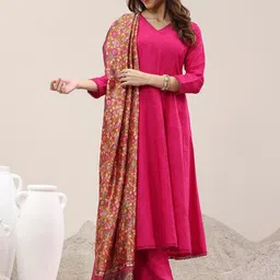 Libas Floral Printed V-Neck Panelled A-Line Kurta With Trousers & Dupatta-17